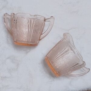 Vintage 1940s Jeanette Pink Depression Glass Cherry Blossom Creamer & Sugar Set